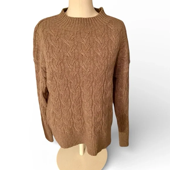HAVEN WELL WITHIN ORGANIC COTTON CABLE KNIT SWEATER MOCK NECK BROWN SIZE SMALL - Picture 8 of 13